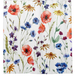 Cortina Para Box Flores Selvagens Aquarelas Cachorro Poppy Chamomil