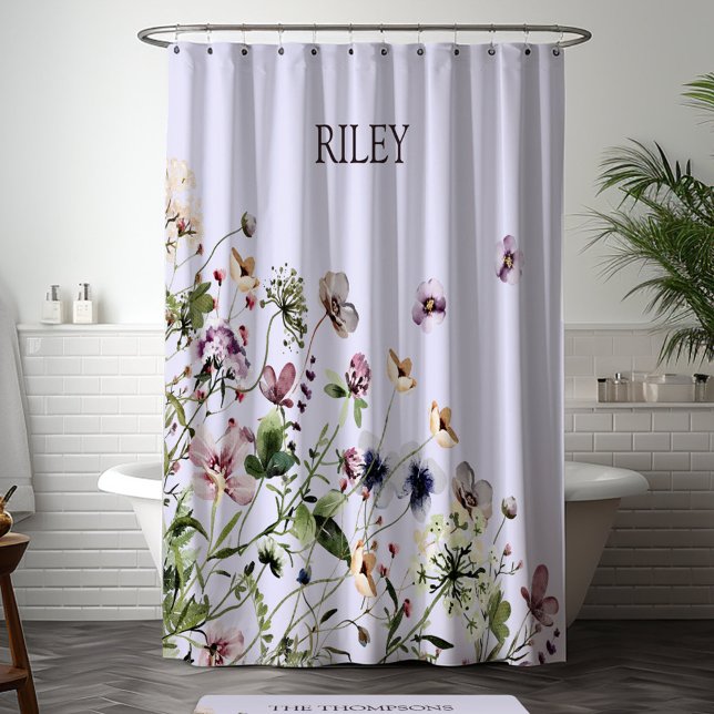 Cortina Para Box Flores Silvestres Roxas Aquarela Monogramadas (In situ bathroom)