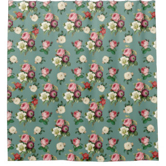 Cortina Para Box Flores Vintage no Azul Pedra, Impressão Floral Ret