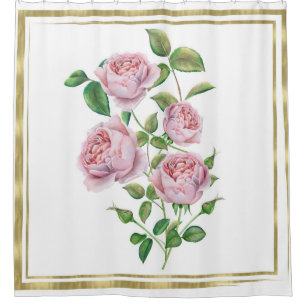Cortina Para Box Flores Vintage Rosa Folhas Verdes Botânicas Dourad