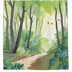 Cortina Para Box Floresta Verde Florescente Aquarela da Natureza