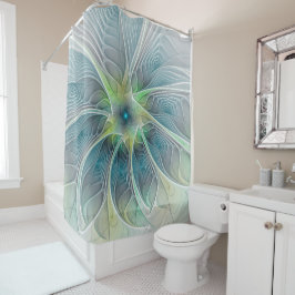 Cortina Para Box Flourando Fantasia Moderna Azul Flor Fractal Verde