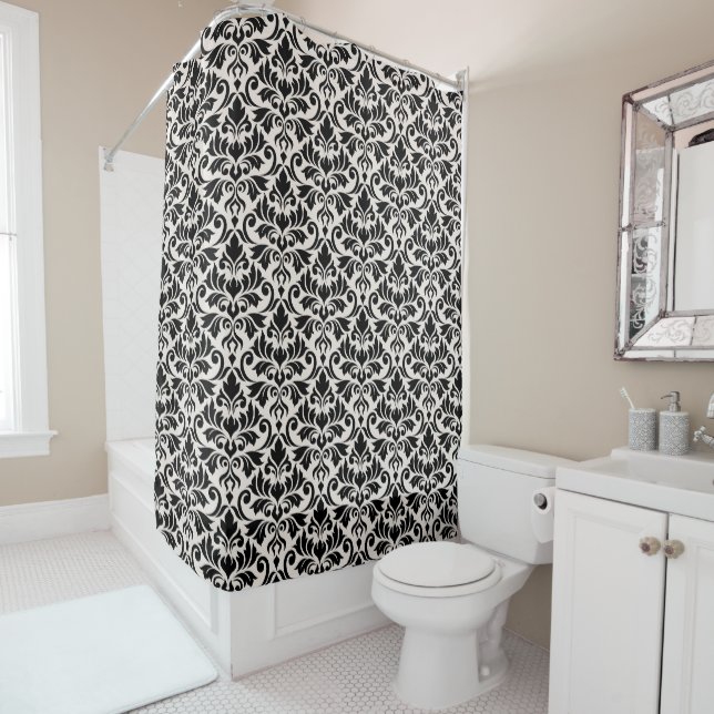 Cortina Para Box Flourish Damask Pattern Black on Cream (In Situ)