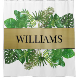 Cortina Para Box Folha de Palma Dourada Verde Botânica Elegante