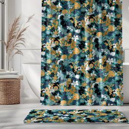 Cortina Para Box Folhagem Azul Aqua Azul Mostarda Negra Azul