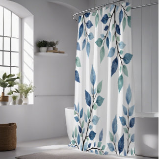 Cortina Para Box Folhas de Aquarela Azul Verde Design Botânico 376