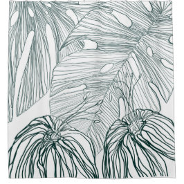 Cortina Para Box folhas de monstera verde-escura e lírios contorno