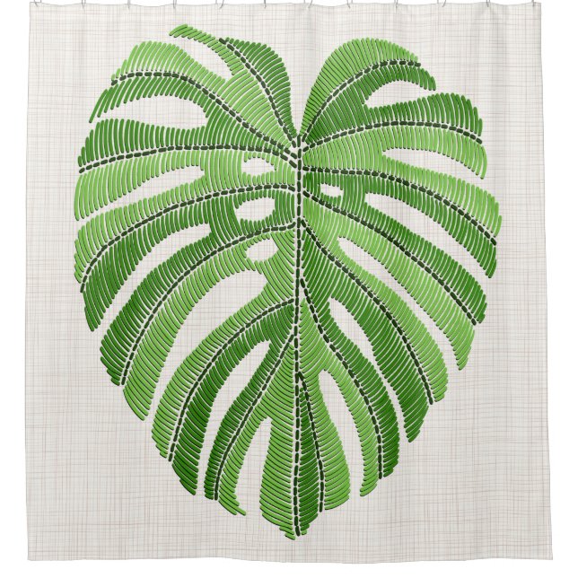 Cortina Para Box Folhas de palma bordadas. Monstera Tropical Verde (Frente)