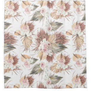 Cortina Para Box Folhas de Palma Secas Elegantes e Flores Tropicais