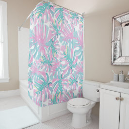 Cortina Para Box Folhas Rosa Tropicais