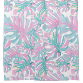 Cortina Para Box Folhas Rosa Tropicais