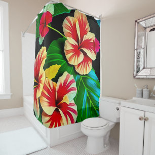 Cortina Para Box Folhas Tropicais Coloridas e Flores de Hibisco