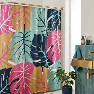 Cortina Para Box Folhas Tropicais de Palmeira em Rosa e Azul Botâ