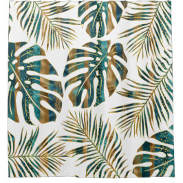 Cortina Para Box Folhas tropicais de téal e de ouro padronizadas