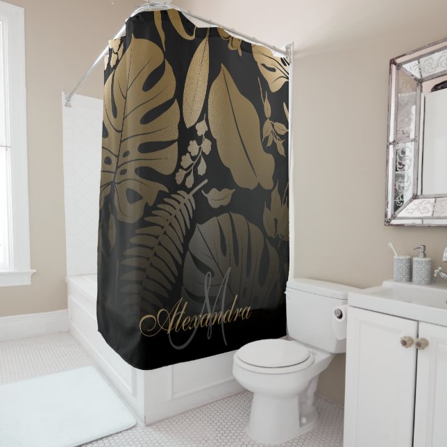 Cortina Para Box Folhas tropicais Douradas e pretas (In Situ)