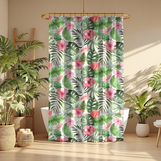 Cortina Para Box Folhas tropicais e flores (Tropical Leaves and Flowers Shower Curtain in a boho mocha bathroom with tropical botanicals.)
