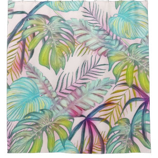 Cortina Para Box Folhas tropicais grandes coloridas pintura aquosa