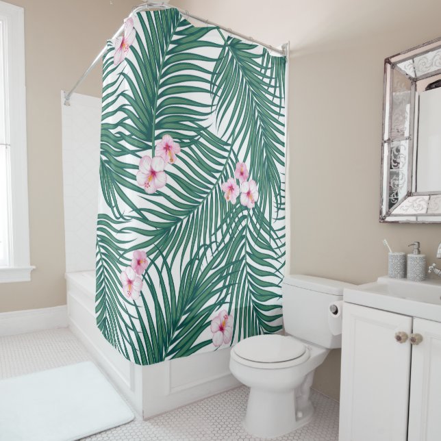 Cortina Para Box Folhas Tropicais Verdes com Flores de Hibiscus (In Situ)