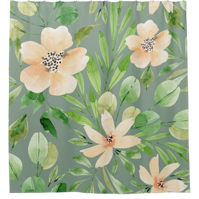 Cortina Para Box Folhas Verdes, Flores Rosa: Aquarela. (Frente)