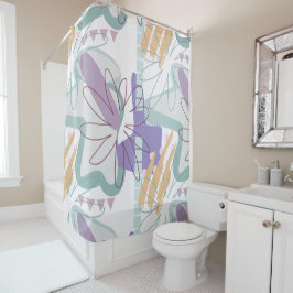 Cortina Para Box Formas geométricas e flores em branco.