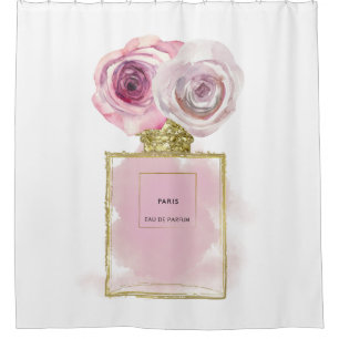Cortina Para Box Frasco de Perfume Floral Fashion Rosas Rosa Dourad