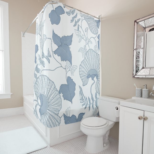 Cortina Para Box Fundo Branco Delicar Flores Azuis Japonesas (White Background Delicate Blue Japanese Flowers Shower Curtain)
