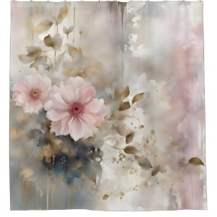 Cortina Para Box Fundo das flores rosa e Dourada Wabi-Sabi Cinzas