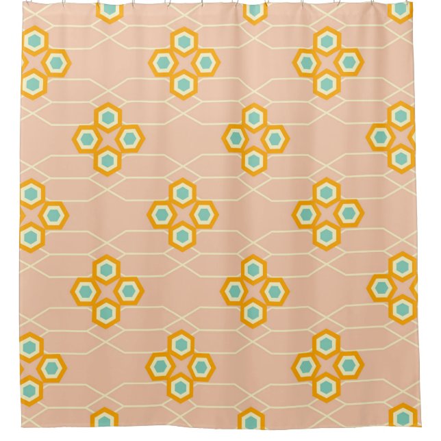 Cortina Para Box Fundo de pêssego com padrão floral hexagonal (Frente)