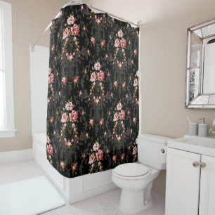Cortina Para Box Fundo Floral-Preto do Rococo Francês Elegante