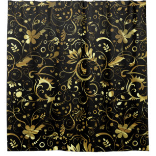 Cortina Para Box Fundo Preto E Padrão Floral Dourado