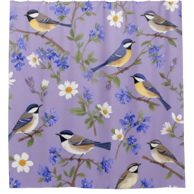 Cortina Para Box Fundo Roxo Com Pássaros  (Frente)