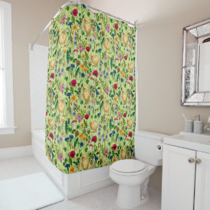 Cortina Para Box Galinhas e flores silvestres em verde-orvalho