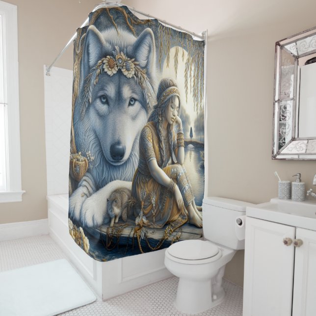 Cortina Para Box Garota e seu lobo compartilham um momento (In Situ)