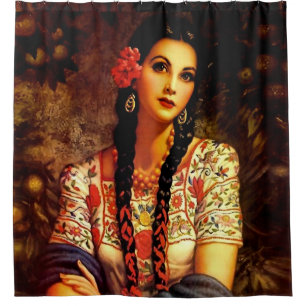 Cortina Para Box Garota Mexicana Vintage Pin-Up com Tranças Longas