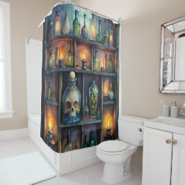 Cortina Para Box Garrafas de Poção Gótica - Apotário Escuro