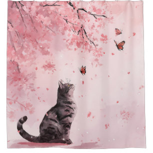 Cortina Para Box Gato de Flor de Cerejeira e Borboletas (12)