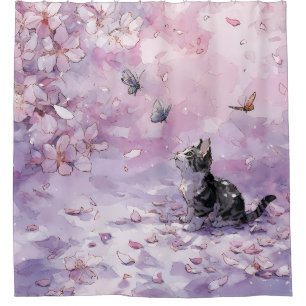 Cortina Para Box Gato de Flor de Cerejeira e Borboletas (5)