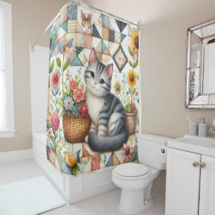 Cortina Para Box Gato Fofo no Quilt Floral Cottagecore