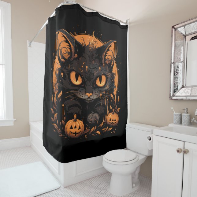 Cortina Para Box Gato Preto do Halloween com Pumpkins e Lua (In Situ)
