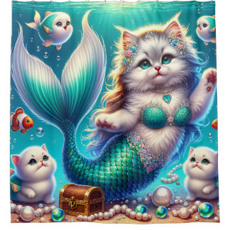 Cortina Para Box "Gato Sereia com Gatinhos - Arte Quimológica"