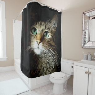 Cortina Para Box Gato Tabby Com Olhos Verdes Isolados A Preto