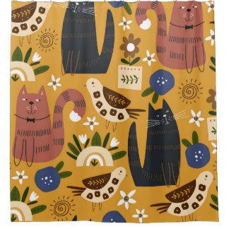 Cortina Para Box Gatos e Pássaros Vintage, Desenhados à Mão.
