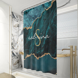 Cortina Para Box Geodo de Ágata Azul Teal Dourado Monograma