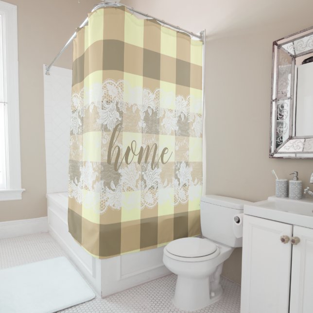 Cortina Para Box Gingham Beige Standard White Lace home script (In Situ)