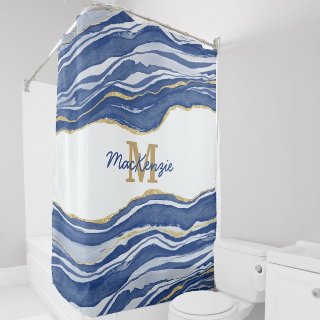 Cortina Para Box Glitter Dourado de Agato Azul de Monograma (Modern watercolor agate marble blue and white nautical personalized monogram initial shower curtain)