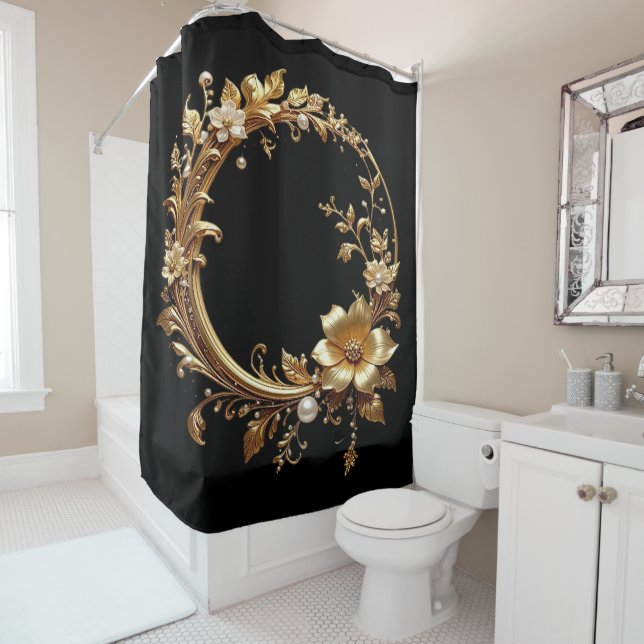 Cortina Para Box Golden Floral Ornate Frame Shower Curtain (In Situ)