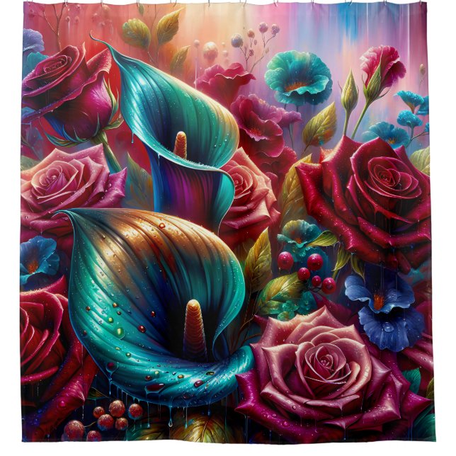 Cortina Para Box "Gotas de chuva em Rosas e Lírios Calla" (Frente)