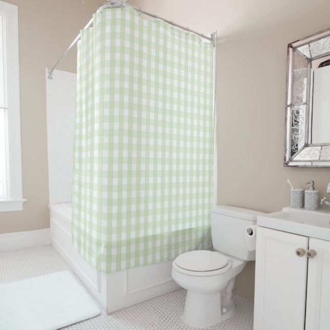 Cortina Para Box Green Pastel Gingham Pattern Modern Farmhouse (In Situ)