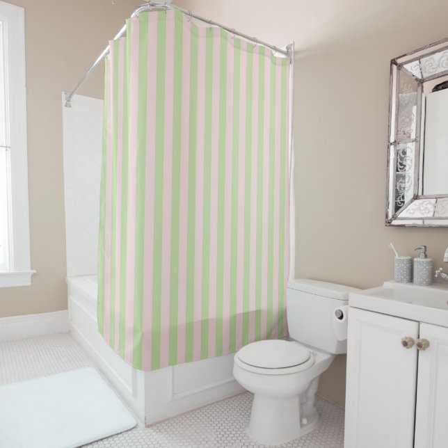 Cortina Para Box Green Pink Pastel Stripes Pattern Modern Geometric (In Situ)