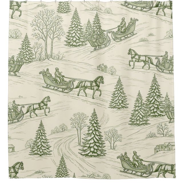 Cortina Para Box Green Toile Christmas Sleigh Ride Pattern (2) (Frente)